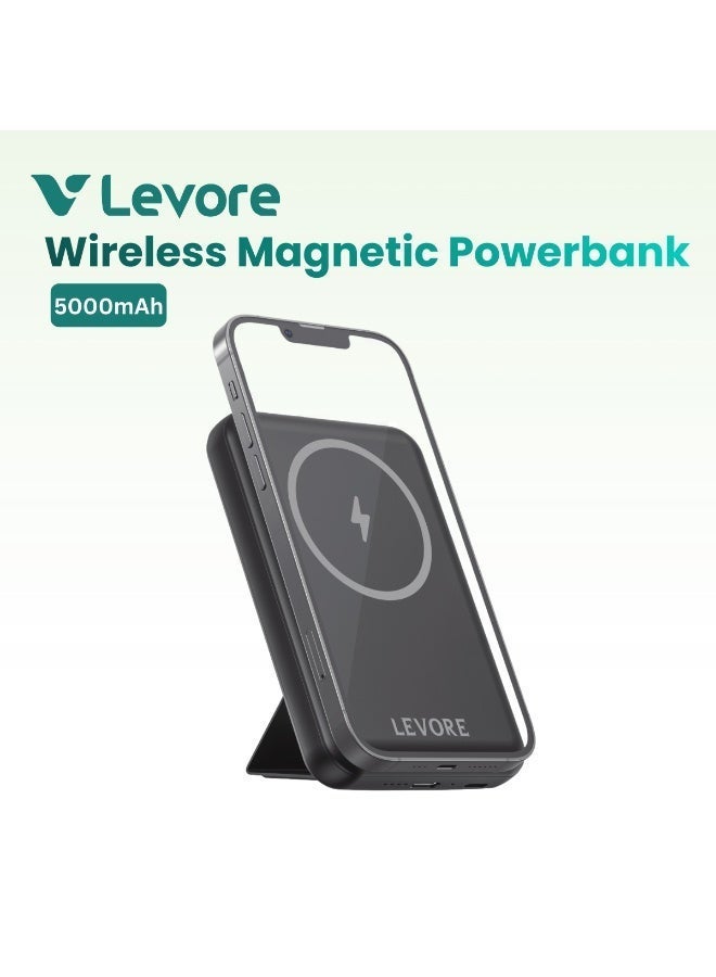 Levore Wireless Magnetic PowerBank 5000mAh, Fast Charging USB-C PD20W, 15W - Black - Image 1
